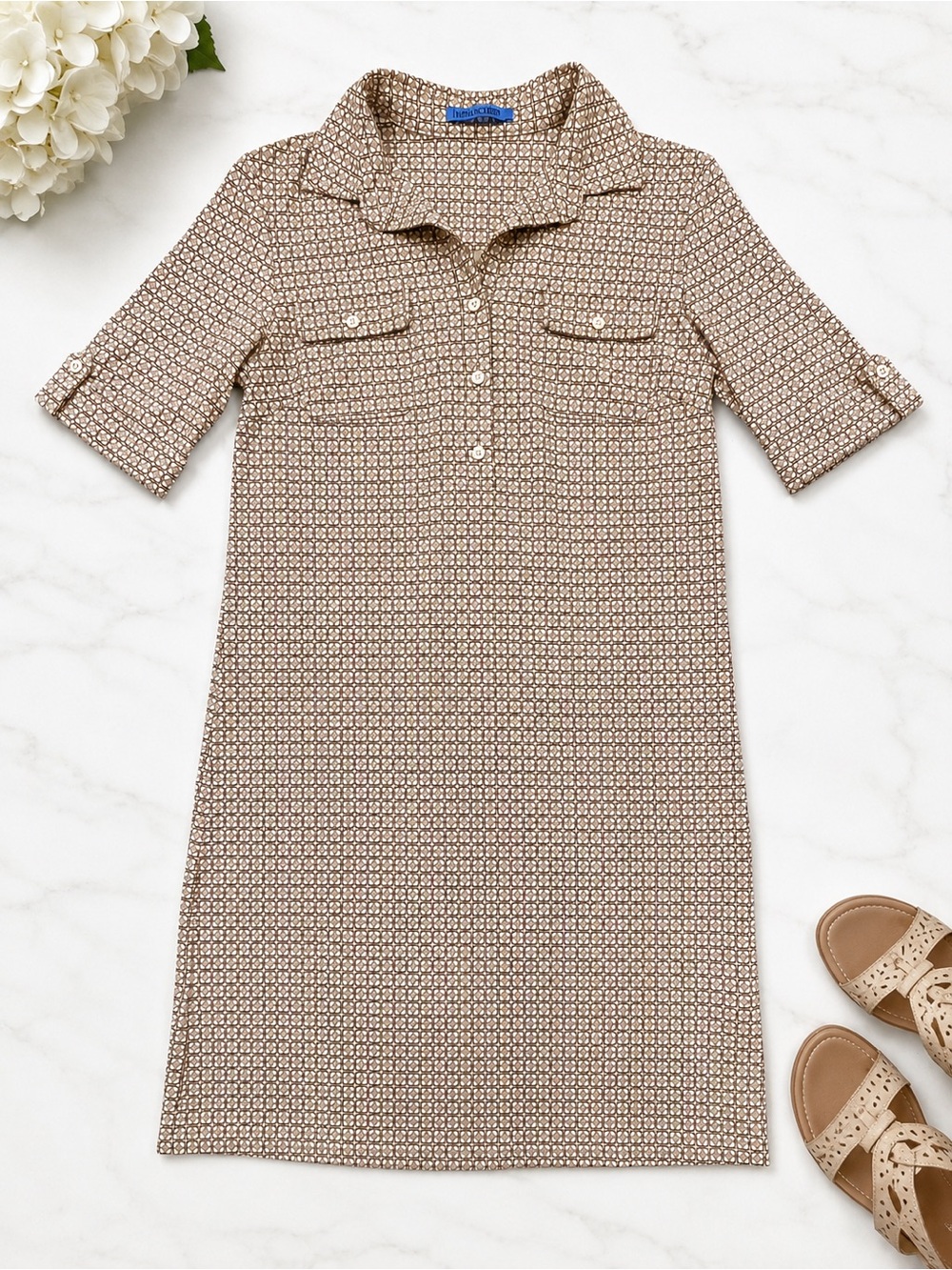 J. McLaughlin Beige/Gold Geometric Print Shirt Dress – Size Small